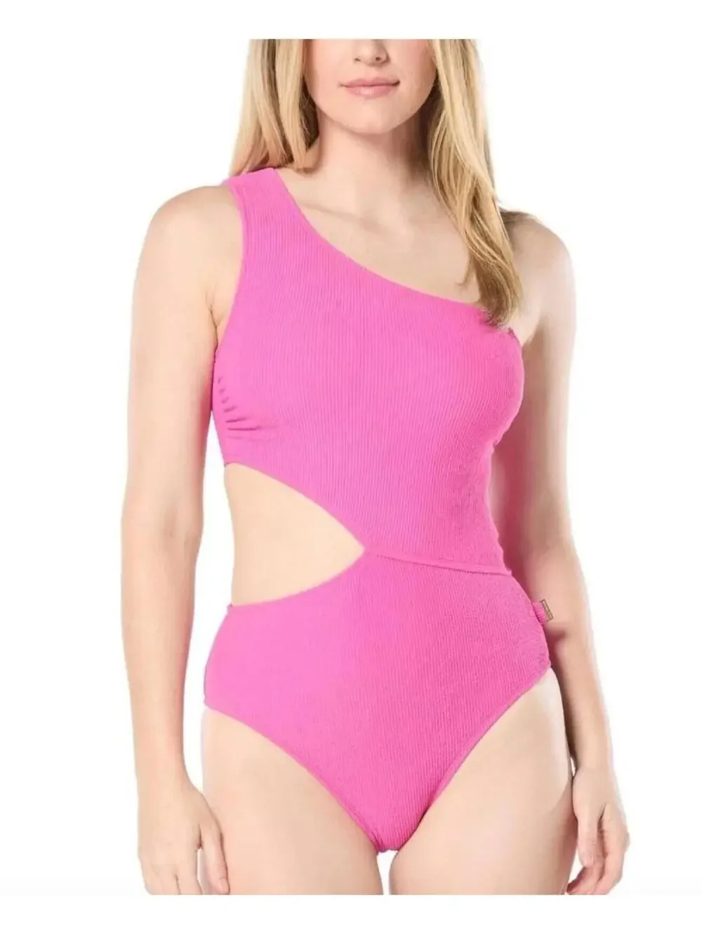 (C222) Michael Kors One-Shoulder Side-Cutout Swimsuit Women Size 6 Cerise Pink